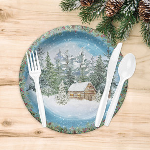 Assiettes En Carton Aquarelle Noël hiver Cabine neige