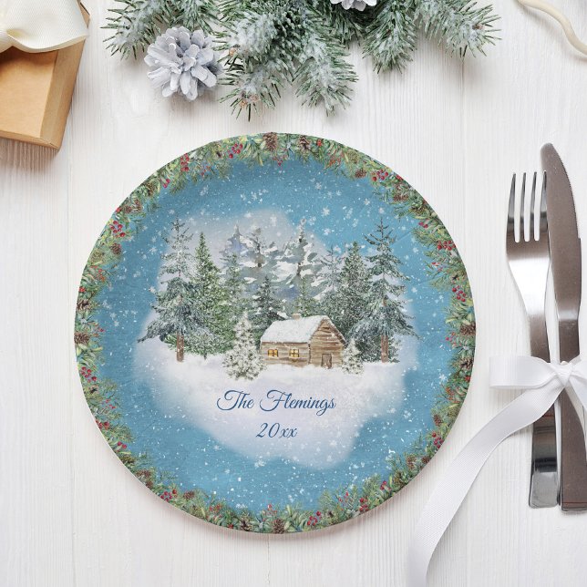 Assiettes En Carton Aquarelle Noël Woodland Winter Personnalisé (Créateur téléchargé)