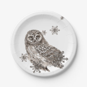 Assiettes En Carton Aquarelle Noir et Blanc Chouette Oiseau Snowflakes