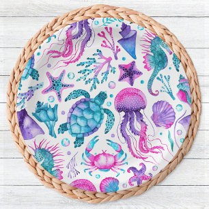 Assiettes En Carton Aquarelle Océan Créatures sous la mer Anniversaire