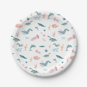 Assiettes En Carton Aquarelle Océan Motif d'animaux marins