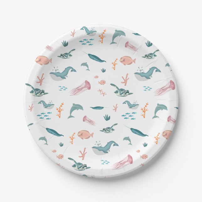 Assiettes En Carton Aquarelle Océan Motif d'animaux marins (Devant)