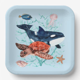 Assiettes En Carton Aquarelle Océan Vie et Créatures Aquatique Bleu