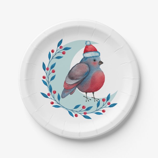 Assiettes En Carton Aquarelle Oiseau bleu de Noël sur la lune (Devant)
