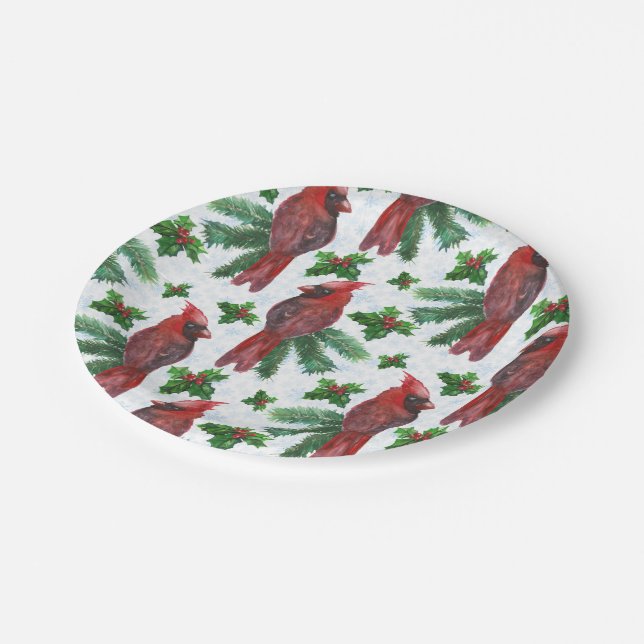 Assiettes En Carton aquarelle Oiseau cardinal rouge (Angle)