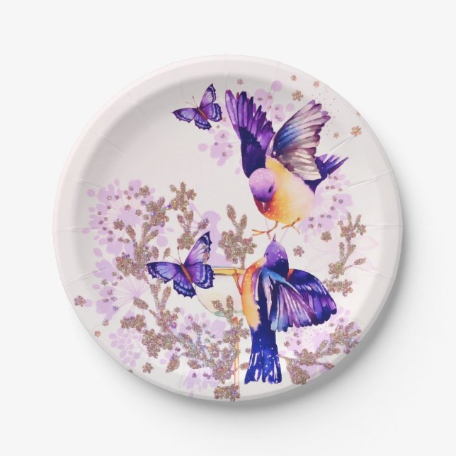 Assiettes En Carton Aquarelle Oiseaux Floral Parties scintillant pourp (Devant)