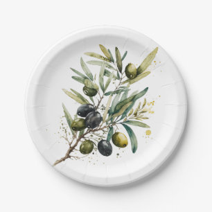 Assiettes En Carton Aquarelle olives noires et vertes sur une branche