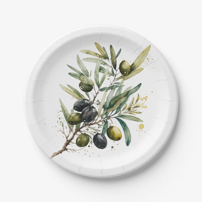 Assiettes En Carton Aquarelle olives noires et vertes sur une branche (Devant)