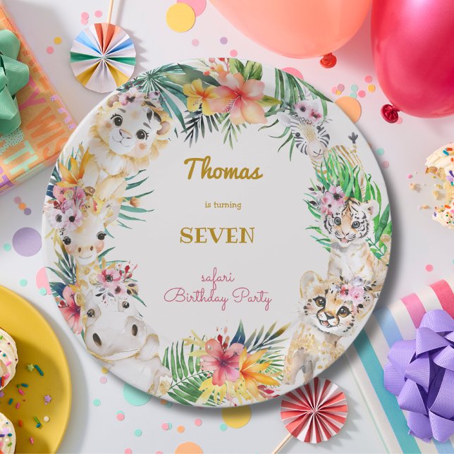 Assiettes En Carton Aquarelle or anniversaire de enfant safari sauvage (Créateur téléchargé)