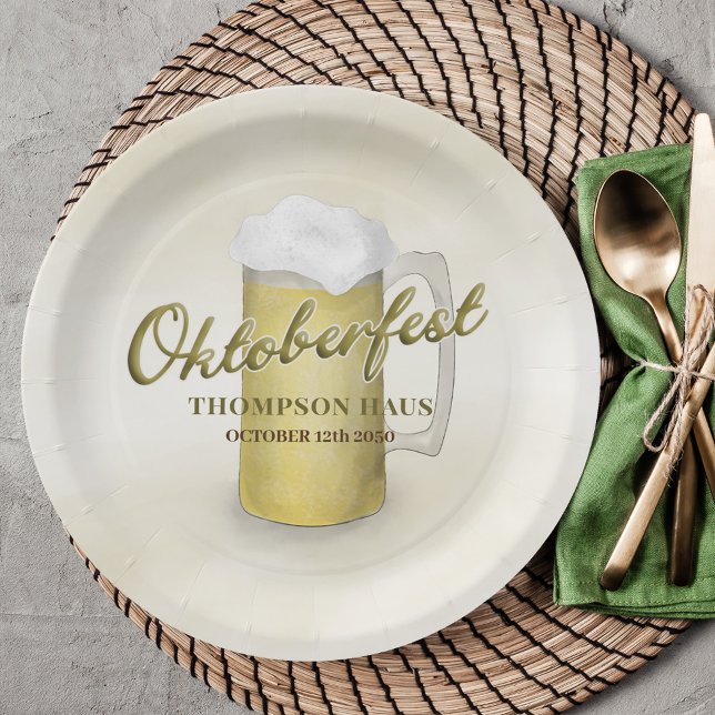 Assiettes En Carton Aquarelle Or Bière Oktoberfest simple 9" (Gold watercolor paper plate with Oktoberfest typography.)