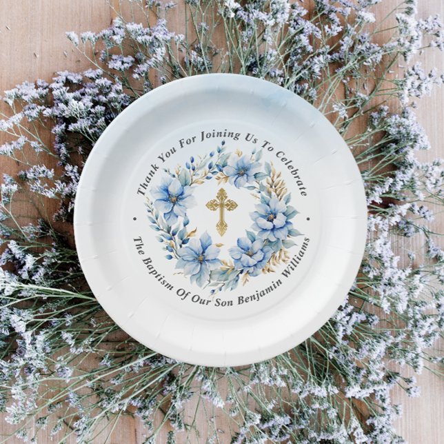 Assiettes En Carton Aquarelle or et bleu Floral Boy Baptême (Créateur téléchargé)