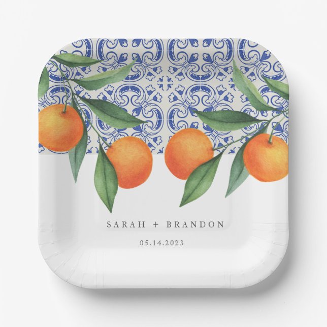 Assiettes En Carton Aquarelle Orange Bleu Mariage méditerranéen (Recto)