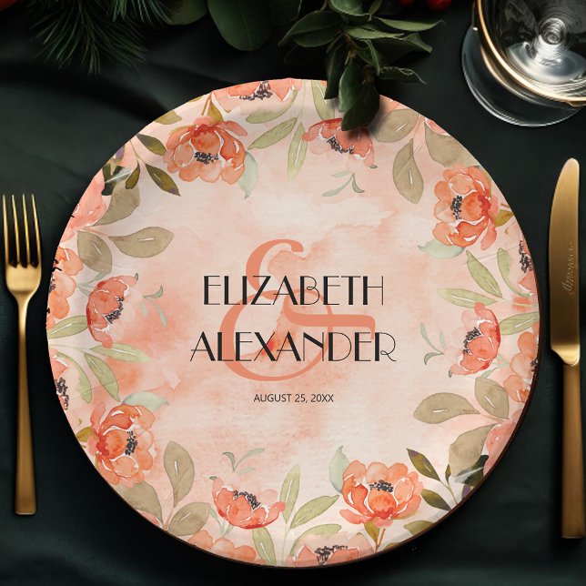 Assiettes En Carton Aquarelle Orange Flowers Fête des mariées (Watercolor Orange Flowers 
Paper Plates)