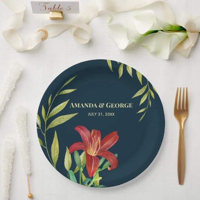 Assiettes En Carton Aquarelle Orange Lily Illustration Turquoise foncé (Mariage)