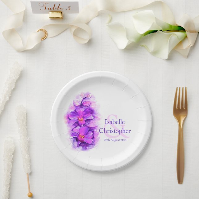 Assiettes En Carton Aquarelle orchidée fleur violet plaques en papier  (Mariage)