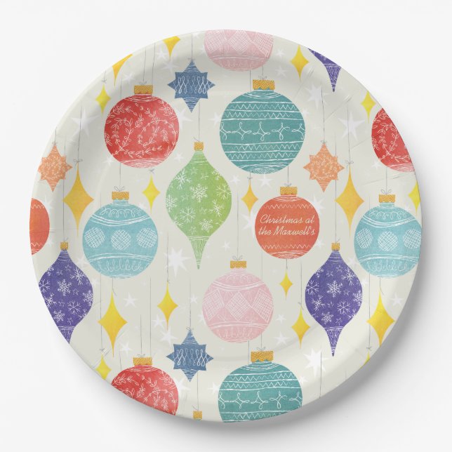 Assiettes En Carton Aquarelle Ornement Noël Texte personnalisé (Devant)