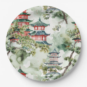 Assiettes En Carton Aquarelle Pagode asiatique dans paysage verdoyant