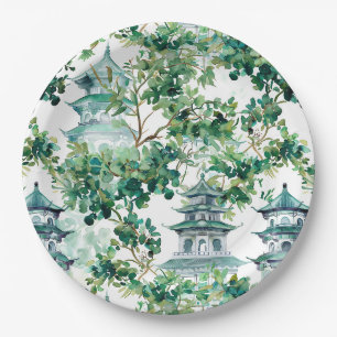 Assiettes En Carton Aquarelle Pagode asiatique dans paysage verdoyant