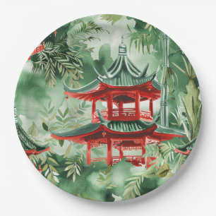 Assiettes En Carton Aquarelle Pagode asiatique dans paysage verdoyant
