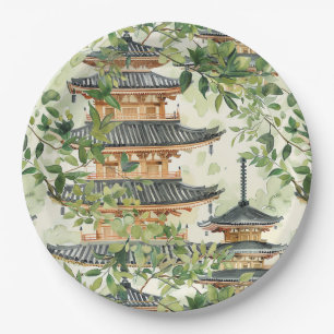 Assiettes En Carton Aquarelle Pagode asiatique dans paysage verdoyant
