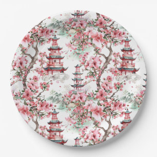 Assiettes En Carton Aquarelle Pagode chinoise - Fleurs de cerisiers (1