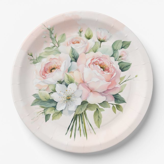 Assiettes En Carton Aquarelle parfaitement rose Peony Floral Mariage (Devant)