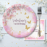 Assiettes En Carton Aquarelle Pastel Fleurs Roses Papillons Or<br><div class="desc">Whimsical girly rose avec faux parties scintillant d'or design papillon avec fleurs de cerisiers roses,  le design serait parfait pour le premier anniversaire d'une fille ou tout autre anniversaire.</div>