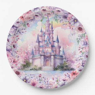 Assiettes En Carton Aquarelle Pastel Pink Unicorn et Fairy Castle