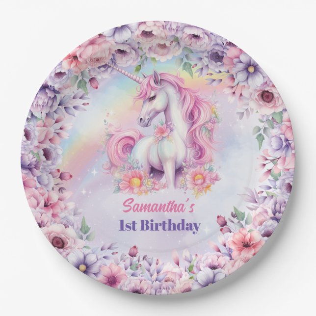 Assiettes En Carton Aquarelle Pastel rose Unicorn fille Anniversaire (Devant)