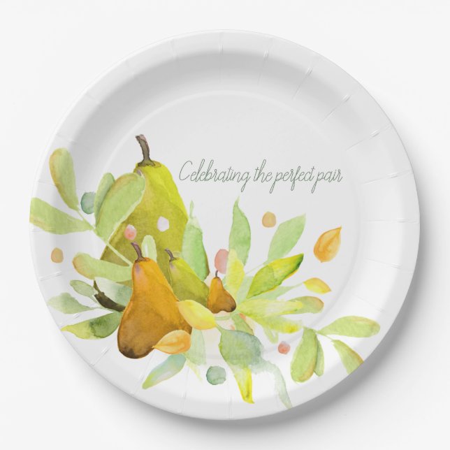 Assiettes En Carton Aquarelle Pear et Fruit avec verdure  (Devant)