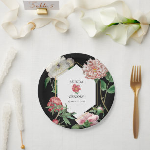 Assiettes En Carton Aquarelle Peonies rose Fleurs Mariage Noir