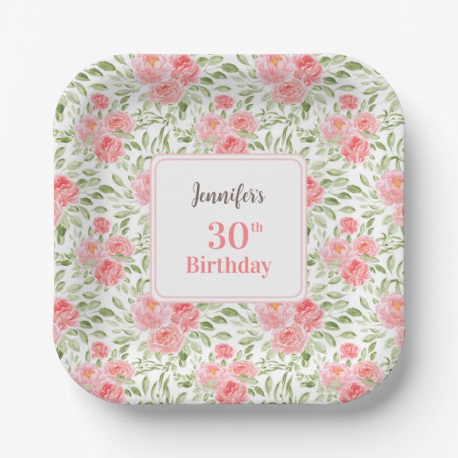 Assiettes En Carton Aquarelle Peony Floral Peach 30e anniversaire (Recto)