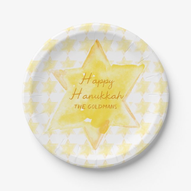 Assiettes En Carton Aquarelle personnalisée Jewish Star Hanoukka (Devant)