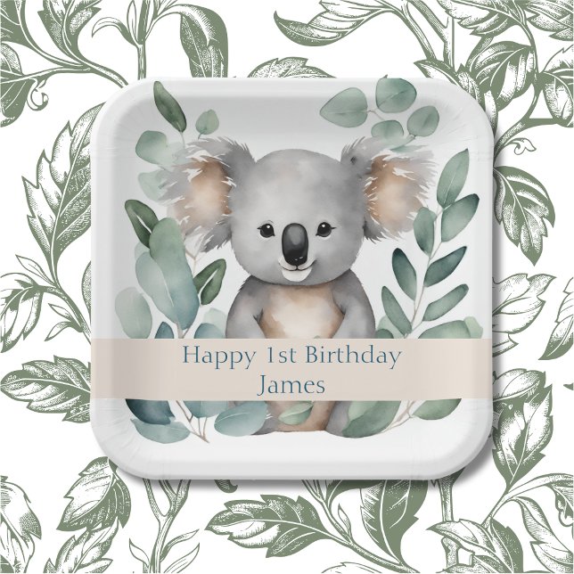 Assiettes En Carton Aquarelle personnalisée Koala Bear Anniversaire (Cute 1st Birthday Party)