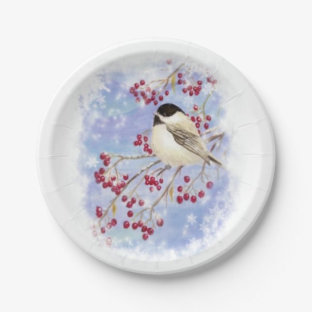 Assiettes En Carton Aquarelle Pickadee Oiseau Frosté Pneus d'hiver (Devant)