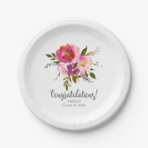 Assiettes En Carton Aquarelle Pink Floral Graduation