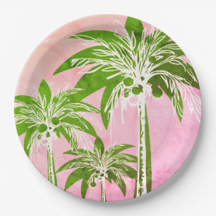 Assiettes En Carton Aquarelle Pink Green Palm Tree Preppy Ombre