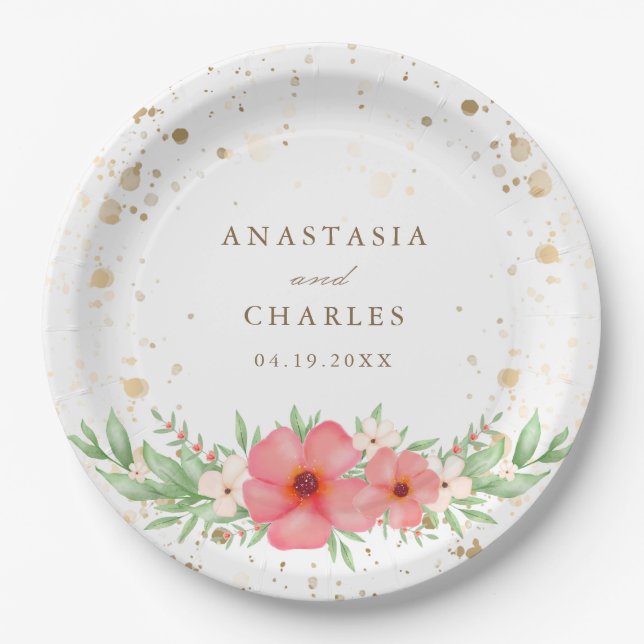 Assiettes En Carton Aquarelle Pink Ivory Greenery Spectres d'or Floral (Devant)
