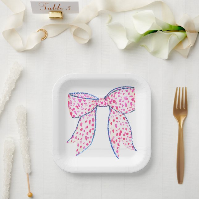 Assiettes En Carton Aquarelle Pink Poka Dot Bow (Mariage)