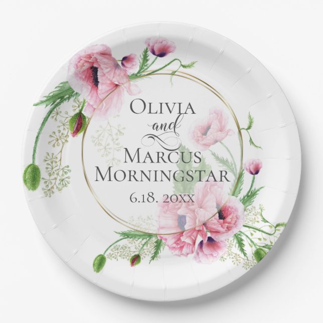 Assiettes En Carton Aquarelle Pink Poppies et feuillage (Devant)