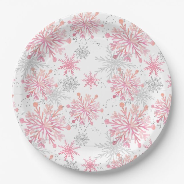 Assiettes En Carton Aquarelle Pink & Silver Parties scintillant Winter (Devant)