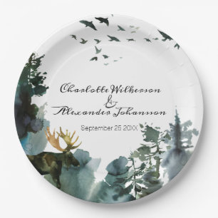 Assiettes En Carton Aquarelle Pins et orignaux Pacifique Nord-Ouest