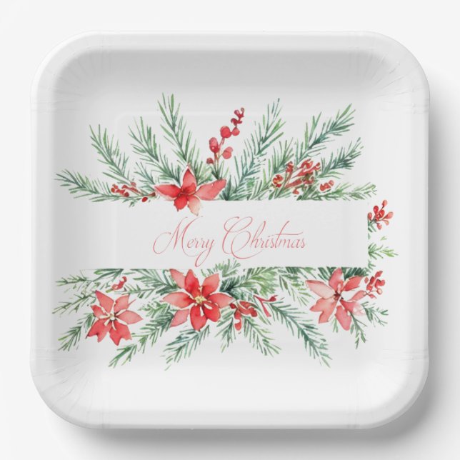 Assiettes En Carton Aquarelle poinsettia et verdure Noël (Recto)