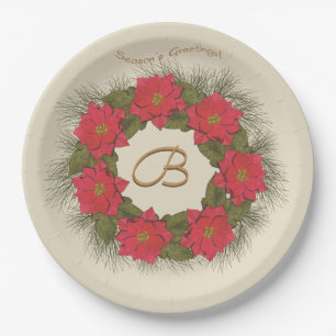 Assiettes En Carton Aquarelle Poinsettia Wreath - Monogramme