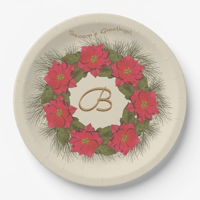 Assiettes En Carton Aquarelle Poinsettia Wreath - Monogramme (Devant)