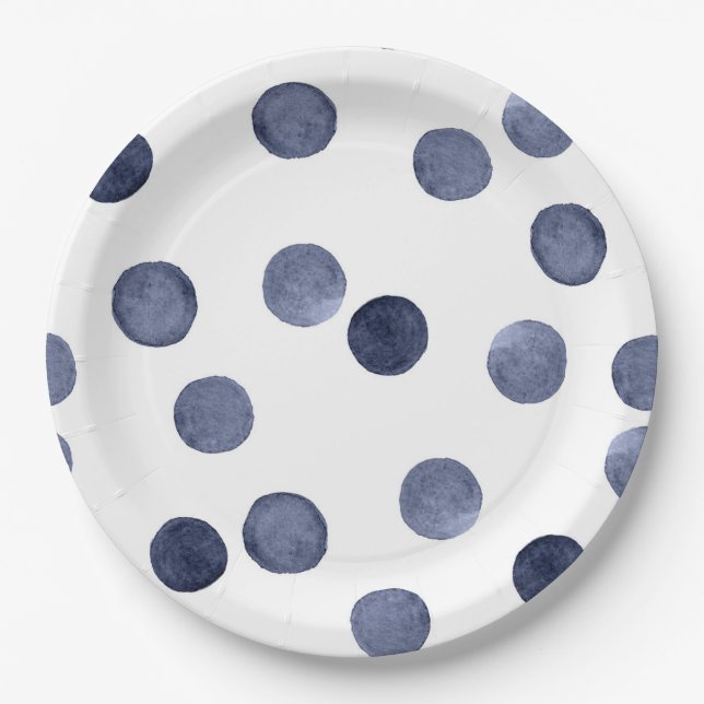 Assiettes En Carton Aquarelle. Point de polka bleu. (Devant)