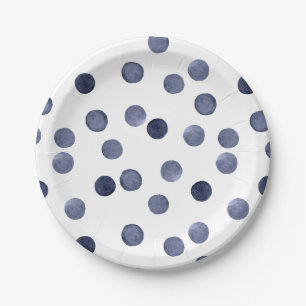 Assiettes En Carton Aquarelle. Point de polka bleu.