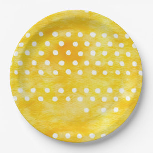 Assiettes En Carton Aquarelle Polka Dot - Terre Jaune et Blanc (1)