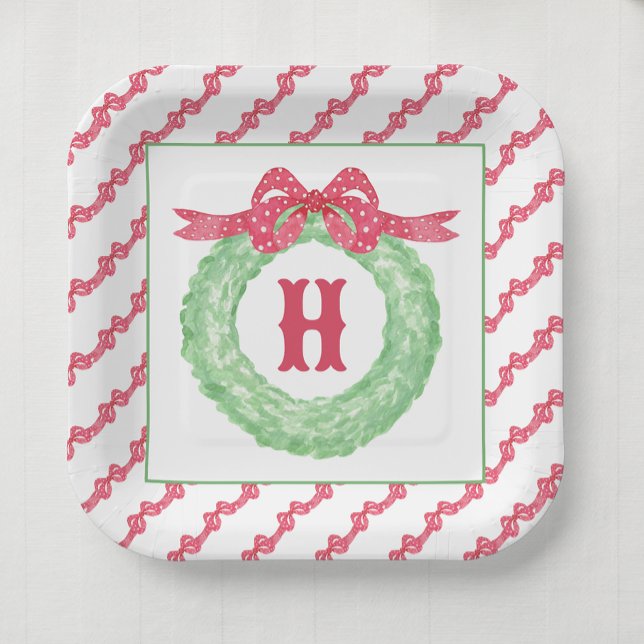 Assiettes En Carton Aquarelle Polka Rouge Pot Bow Monogramme Wreath (Créateur téléchargé)
