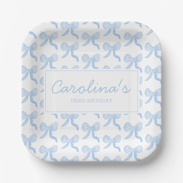 Assiettes En Carton Aquarelle Preppy Blue Aquarelle Bows Personnaliser (Recto)